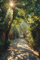 Enchanting Sunbeams Filtering Through Lush Greenery in a Cobbled Alley