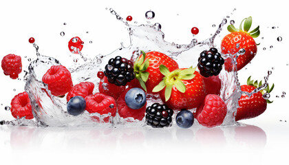 Fresh fruits, berries and strawberries falling in water splash, isolated on white background. 