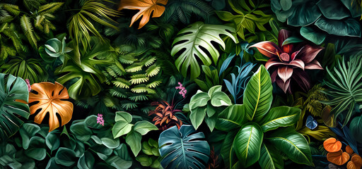 Obraz premium Various of beautiful tropical floral plant decoration.botany greenery in luxurious style.beautiful leaves nature wallpaper design background.