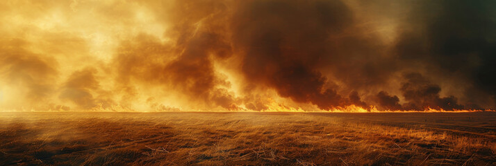 Vast Wildfire Engulfs Dry Field Under Dark Smoke - obrazy, fototapety, plakaty