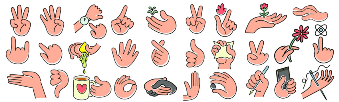 set of isolated colored linear icons hands gestures in doodle style in vector. icon template for app logo sticker poster print design
