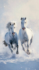 Two white horses galloping together on a snow-covered field on a background of a winter forest - obrazy, fototapety, plakaty