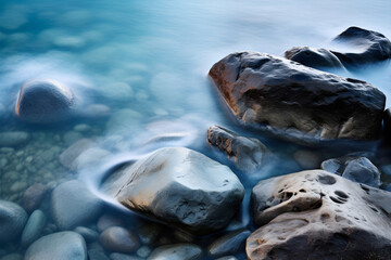 Smooth waves on giant rocks interesting. stones and sea,stones on the coast line of sea. Dreamy natural background with sea shore, rocks and waves.