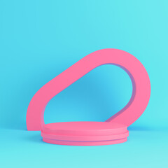 Pink cylindrical pedestal with arc shape for product display on bright blue background in pastel colors