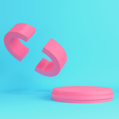 Pink cylindrical pedestal with flying abstract shape shape for product display on bright blue background in pastel colors