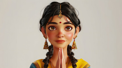 Think pray dream Indian cartoon character young adult woman girl person portrait in 3d style design on light background. 