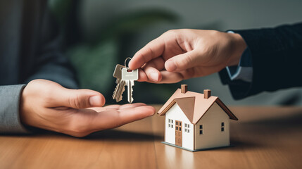 Realtor handing over house keys to client. Landlord gives the keys  to  new tenant, homeowner