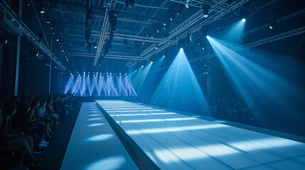 Fototapeta premium A runway illuminated by several spotlights, ready for a fashion show or event. The lights shine down on the empty catwalk, creating a bright and focused atmosphere
