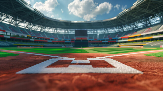 A baseball field under a clear sky, ready for a game or practice. The green field contrasts with the blue sky above, creating a traditional sports setting - Powered by Adobe