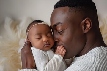 New father holding kissing newborn baby in hands. Closeup portrait of african daddy hugging infant child. Lifestyle together, single dad, father's day holiday. Sleeping baby in dads arm. Childbirth