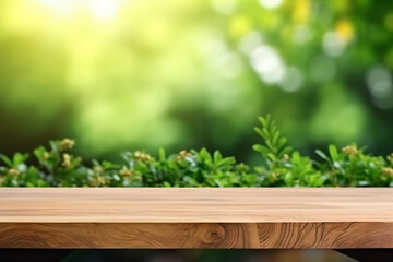 Empty wood table top on blur abstract green from garden background. Template mock up for display of product. Empty wood table top on green nature.