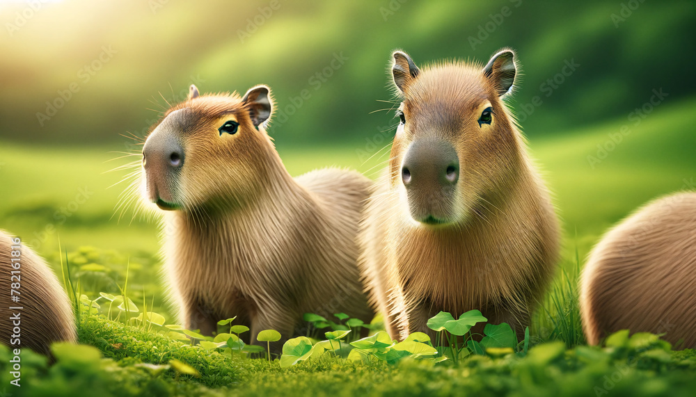 Poster capybaras standing in a lush green field. the foreground capybara is looking towards the viewer whil