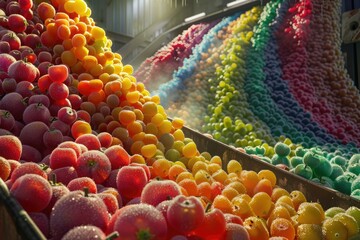 Rainbow Avalanche A giant cascade of frozen fruits in every color imaginable tumbles down a chute, destined for packaging
