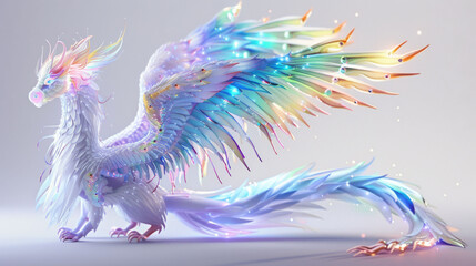 A fantastical iridescent dragon spreads its vibrant, feathered wings, combining elements of fantasy and dream-like coloration in a digital art piece.