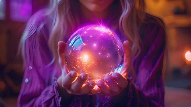 Magician or fortune teller with crystal ball looks into the future. Female fortune teller holding a magic crystal ball witch calling spirits to talk. Spiritual magic lights. Fortune teller 4k.
