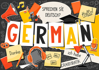German language collage. Translation: "German, Do you speak German? thank you, grammar, the, he, she, it, me, I have, times, be, future, hello, verb, you". 