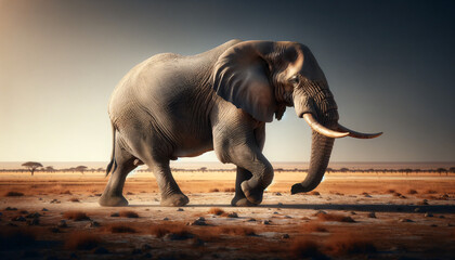 An African elephant walking across a dry savanna. The elephant is in full profile, showcasing its grand stature and long tusks - obrazy, fototapety, plakaty