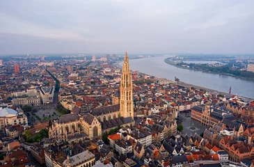 Fototapeten Antwerp, Belgium. Cathedral of Our Lady of Antwerp. River Scheldt (Escout). Summer morning. Aerial view © nikitamaykov