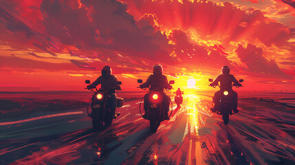 group of motorcycle riders riding together at sunset, generative Ai