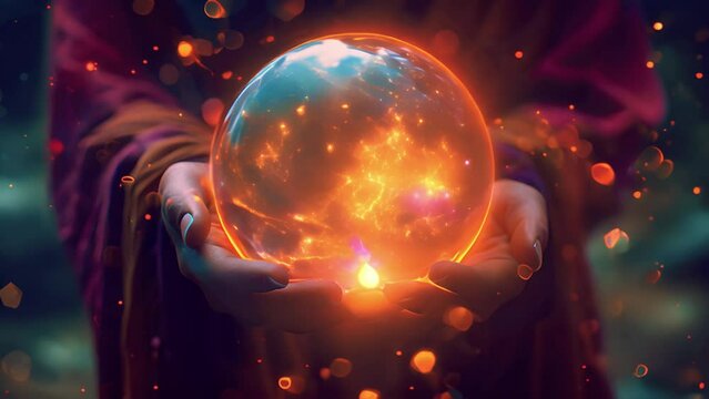 Magician or fortune teller with crystal ball looks into the future. Female fortune teller holding a magic crystal ball witch calling spirits to talk. Spiritual magic lights. Fortune teller 4k.