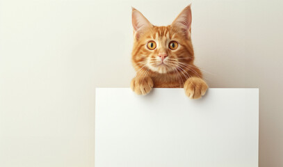 Cute ginger cat holding paper blank with empty place for text on isolated transparent background