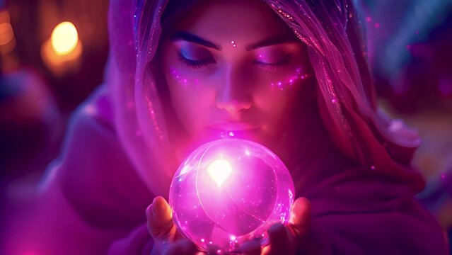 Magician or fortune teller with crystal ball looks into the future. Female fortune teller holding a magic crystal ball witch calling spirits to talk. Spiritual magic lights. Fortune teller 4k.