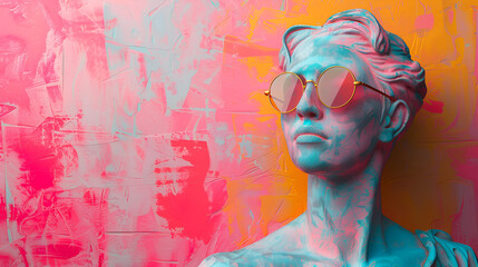 Gypsum statue in sunglasses on colored abstract background, generative Ai