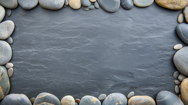 Border of beach pebbles on a charcoal slate background with room for text