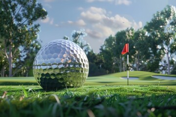 Obraz premium Golf ball on green field with red flag in the center on sunny day, perfect for sports and leisure concept