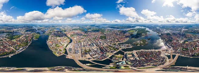 Stockholm, Sweden. Riddarholmen. Panorama of the city in summer in cloudy weather. Panorama 360....