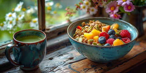 Healthy Breakfast Bowl with Fresh Fruit and Granola by the Window