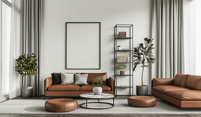 mock up poster frame in minimalistic interior design, living room, Scandinavian style, 3D render, 3D illustration