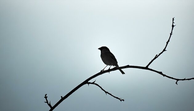 A single, delicate sparrow perched on an empty branch, depicted with simple lines against a pale sky-blue background, highlighting the bird's grace and the elegance of simplicity.