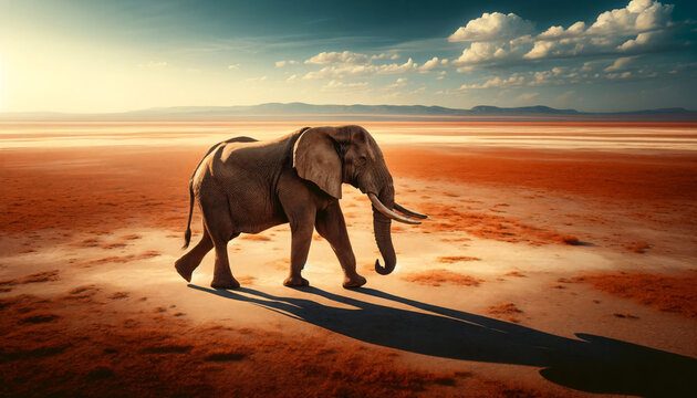 An African elephant walking across a vast, dry savannah. The landscape is flat and the horizon stretches across the image