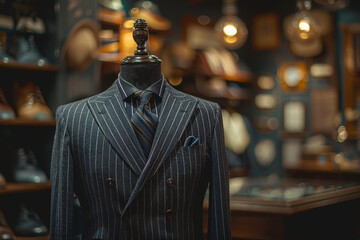 Elegant Tailored Pinstripe Suit with Tie Displayed in Menswear Store