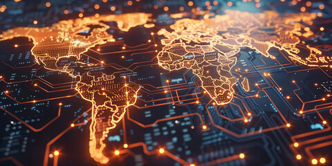 Fototapeta premium Technological World Map with Circuitry and Nodes