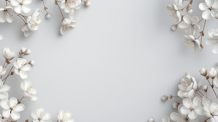 Fototapeta na wymiar Border of white spring flowers on a light grey background with space for text
