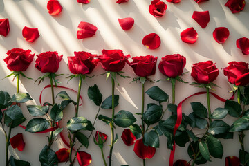 Fototapeta na wymiar Romantic Red Rose Petals and Blossoms in Soft Light