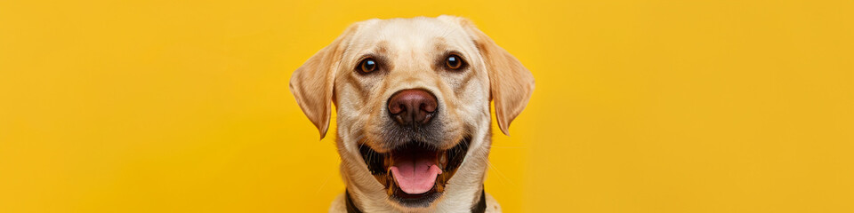 Smiling Labrador Retriever Against Bright Yellow Background - obrazy, fototapety, plakaty