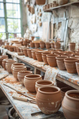 Artisanal Pottery Studio with Freshly Thrown Clay Pots on Workbench