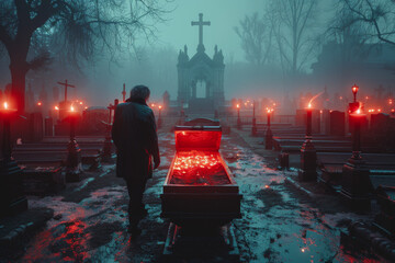 Mysterious Visitor at Foggy Cemetery with Illuminated Red Coffin - obrazy, fototapety, plakaty