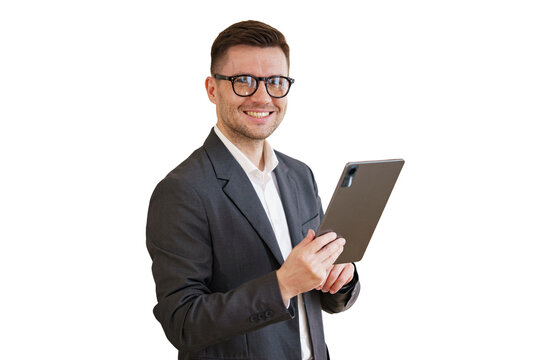 The manager is a positive man in a suit using a tablet.