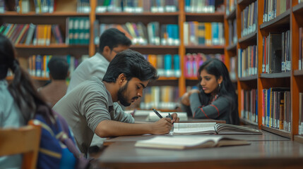  Indian college students studying in the college library, engaged in reading and learning