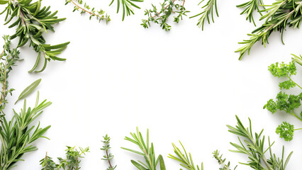 Border of rosemary and other green herbs on a white background with room for text