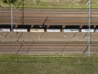 Aerial View of Freight Trains on Multiple Railway Tracks