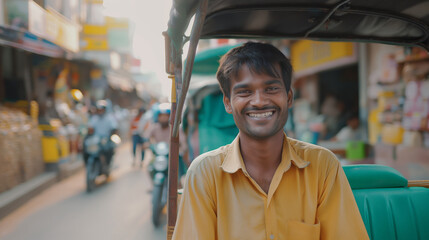 Indian rickshaw puller smiling, talking on the phone in a busy street