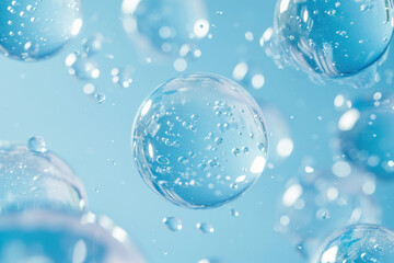 Closeup of colorful bubbles floating in the air with blue water background, creating a mesmerizing and dreamy scene