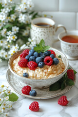 Healthy Oatmeal Breakfast with Fresh Berries and Herbal Tea