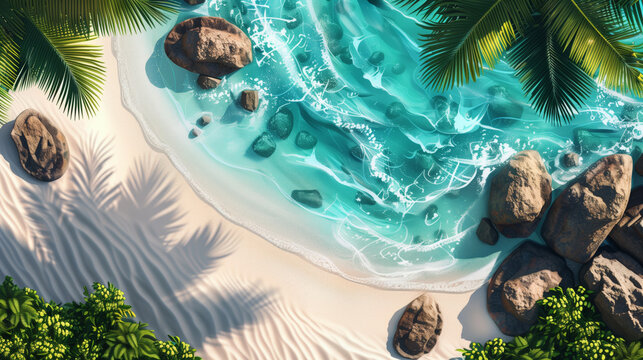 Top-down view of a tropical beach with crystal clear turquoise water and rocks