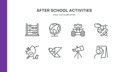 After School Activities Icon Set. Thin Line Signs of Educational Fun and Play Activities Including Mathematics, Geography, Robotics, Nature Study, Origami, Astronomy, and Art. Editable Stoke Vector.